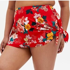 Torrid Red Floral Print Asymmetrical High Waist Swim Skirt, Size 1
